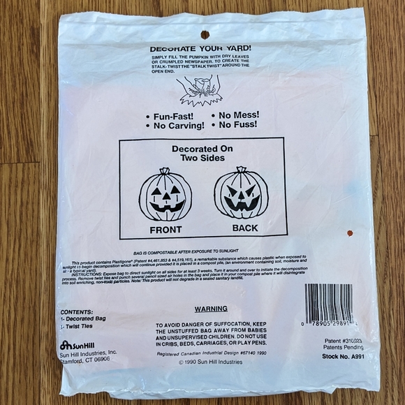 Compostable Pumpkin leaf bag vintage 1990s Jack o lantern two sided Hall… - Picture 2 of 2
